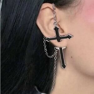 Gothic Black Cross Chain Earring – Punk Rock Double Piercing Ear Cuff Jewelry